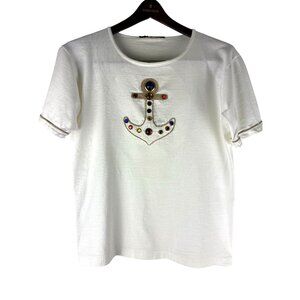 VTG Coastal Fisherman Jeweled & Embroidered Anchor Cotton T-Shirt, Women's Small